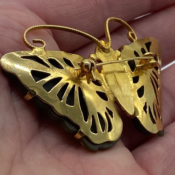 Vintage Gilded Goldtone Butterfly Brooch Pin with Carved Jade Green Wings Large - Picture 8 of 12